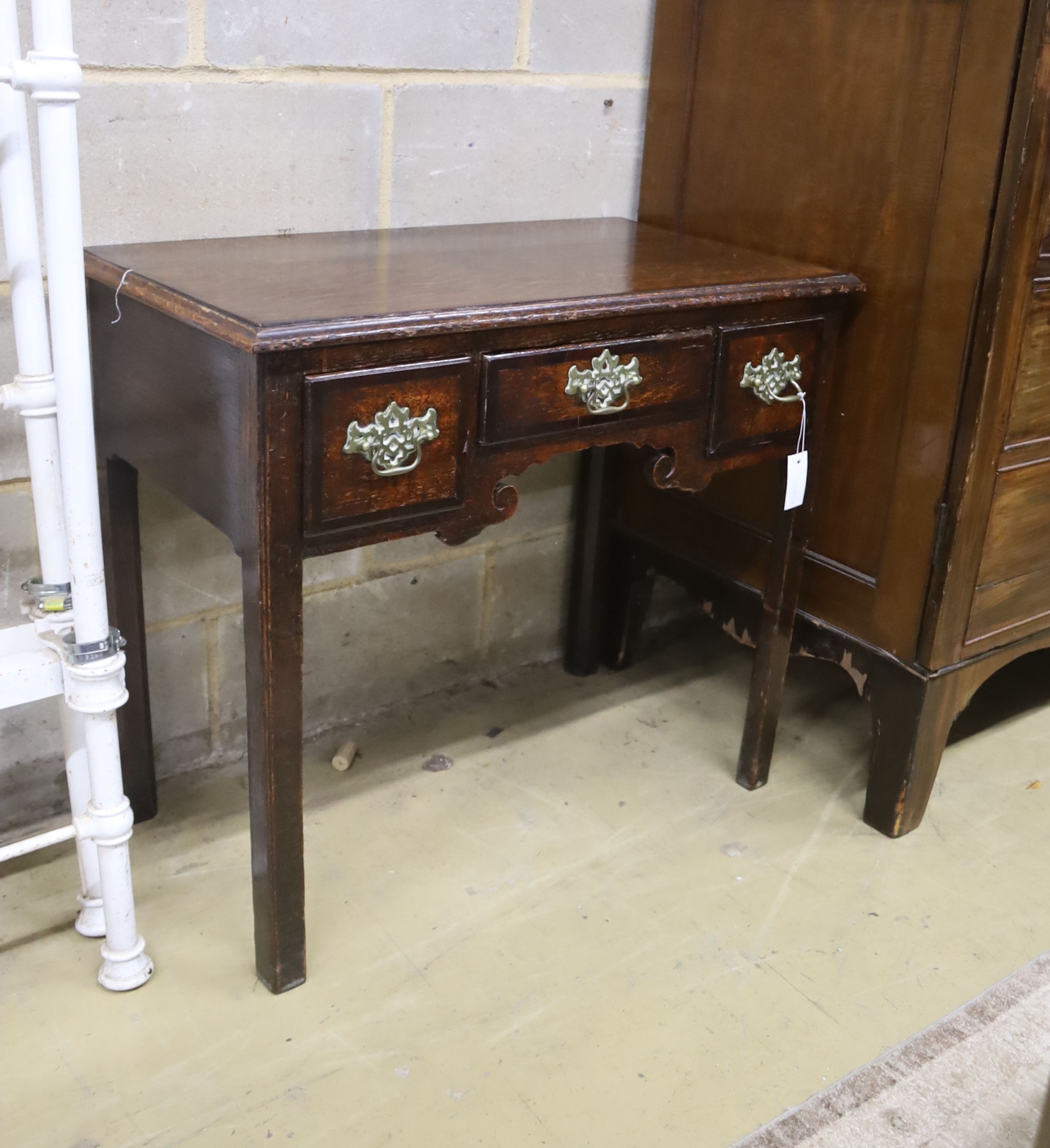 A George III provincial mahogany banded oak low boy, width 82cm, depth 46cm, height 72cm